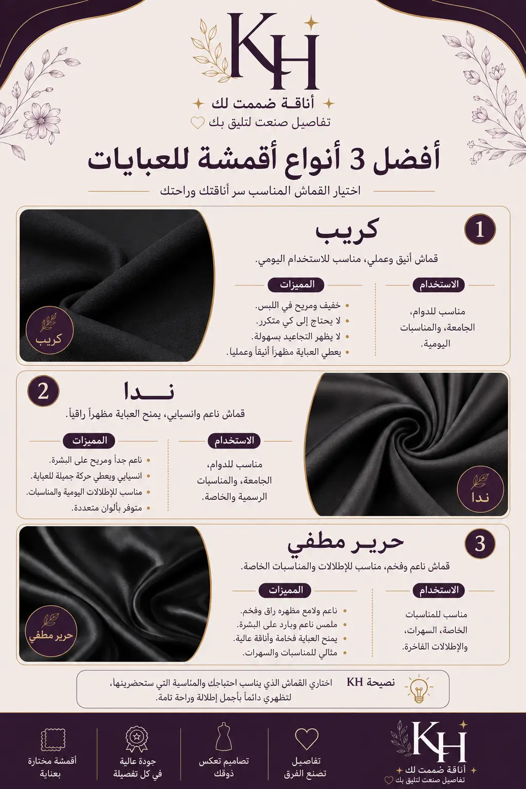 أفضل 3 أنواع أقمشة للعبايات